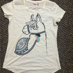 La Vie en Rose Llama Tassel Tee Embroidered Shoulders Cream Sz S